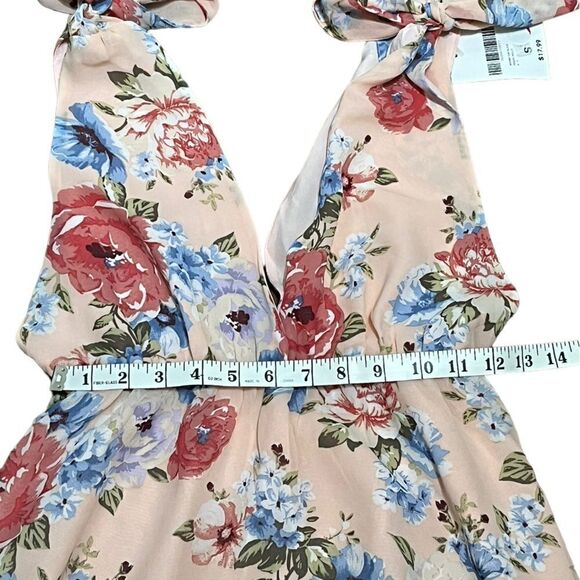 Forever 21 Women’s Peach Mulitcolor Floral V-Neck Tie Shoulder Top, Size 2, NWT - Picture 7 of 10